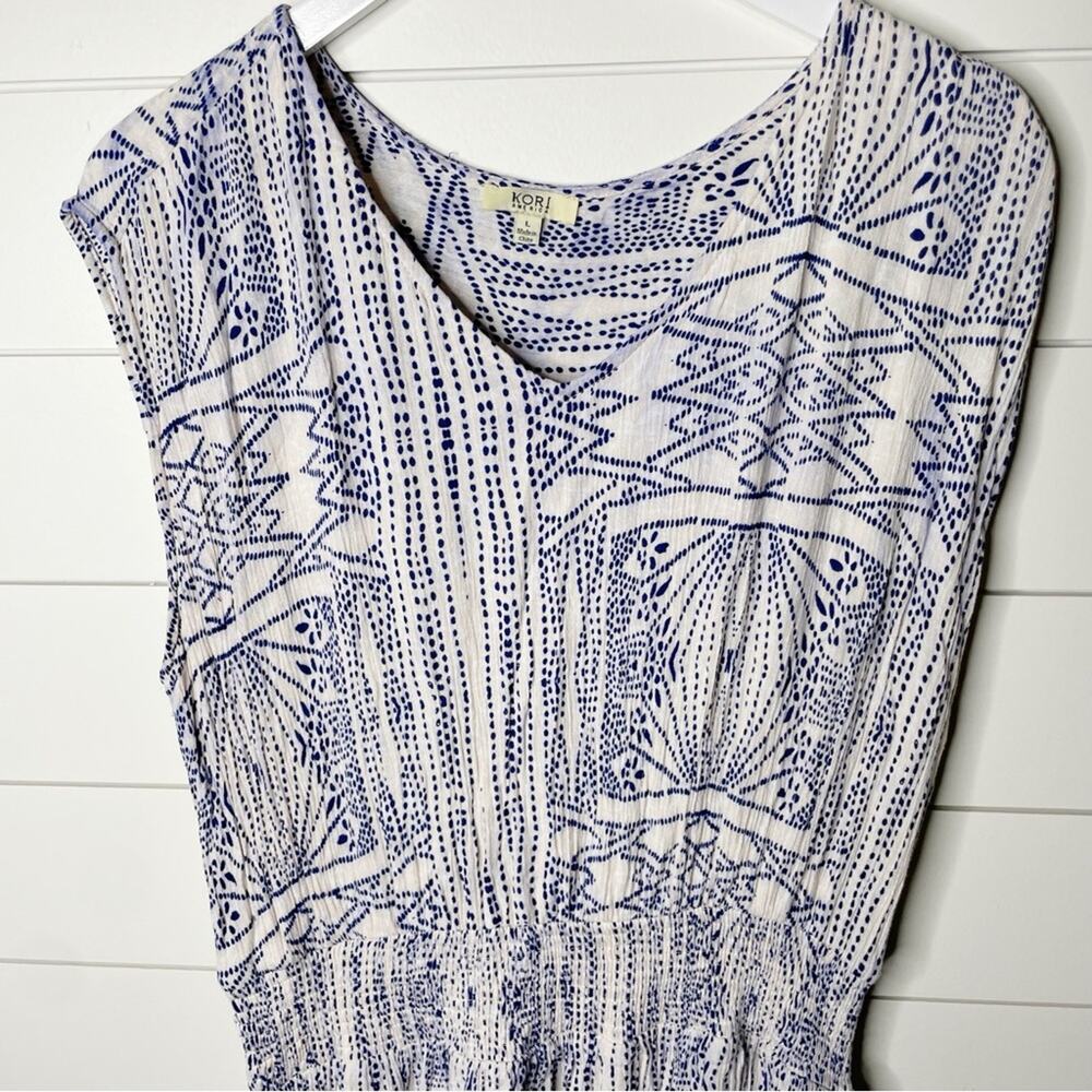 KORI Aztec Tribal Print Crinkle Stretch Waist Blouson Dress Blue White Size L - Picture 2 of 8